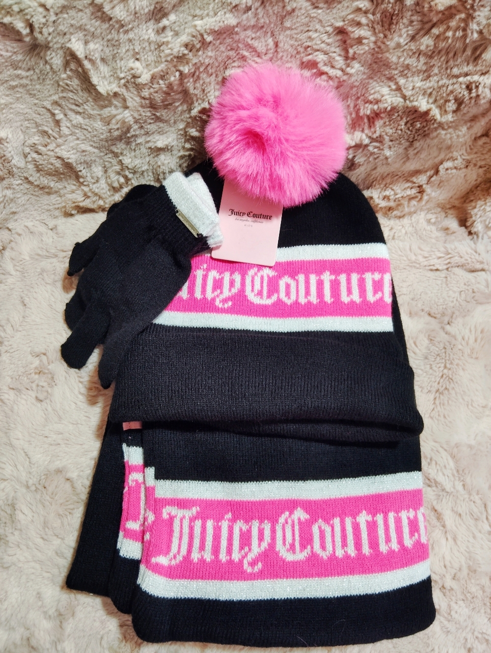 NWT!! Juicy Couture Black & Pink Pom Beanie, Scarf & Gloves 3 Piece Kids Set